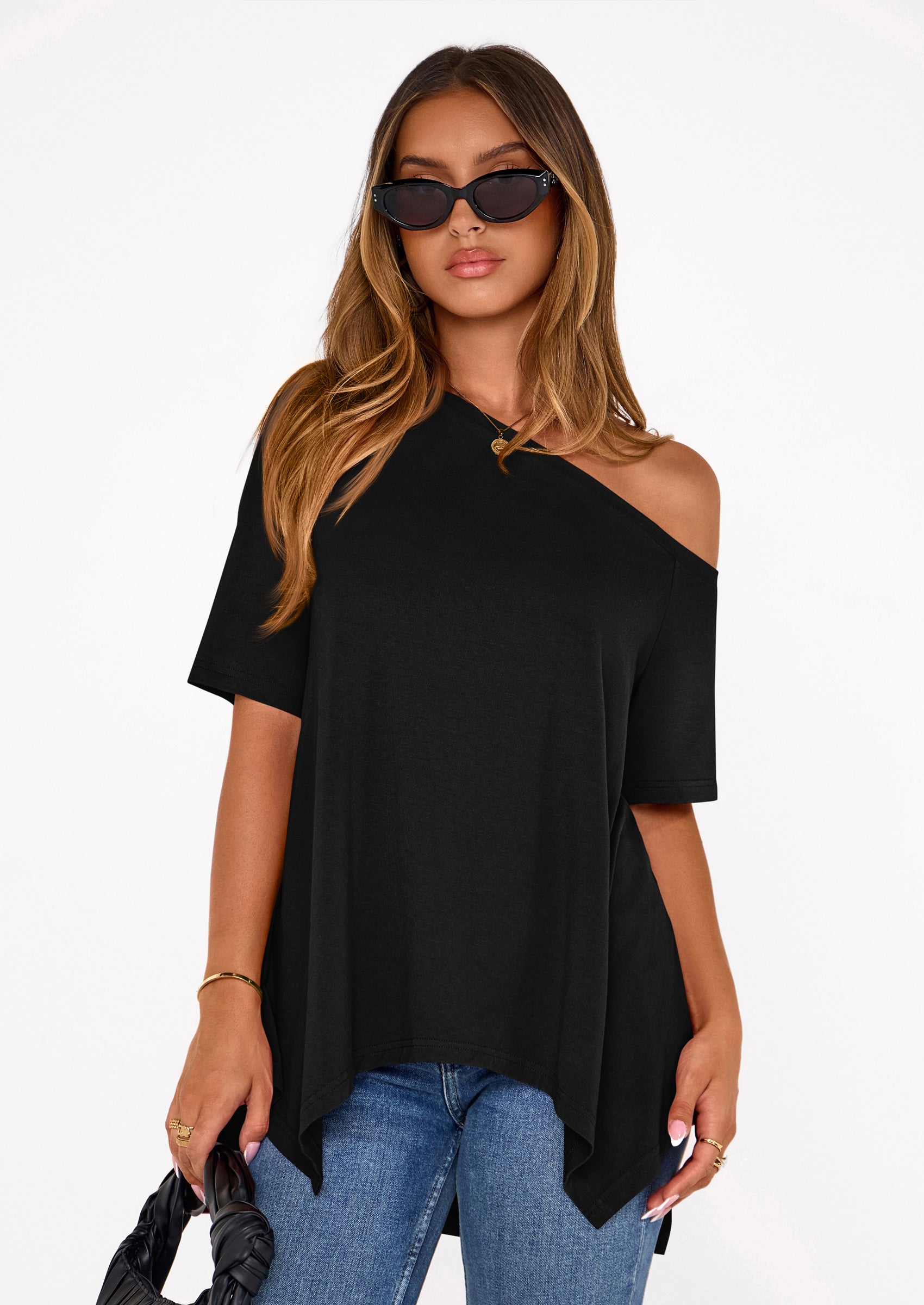 PRETTYGARDEN Off The Shoulder Tops for Women Summer Short Sleeve Asymmetrical Oversized Tee Shirts Casual Spring Clothes PRETTYGARDEN