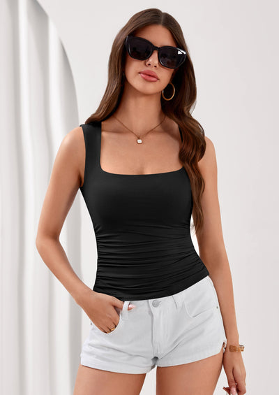 PRETTYGARDEN Tank Top for Women Summer Sleeveless Square Neck Double Lined Ruched Crop Tops Spring Going Out Y2k Clothes PRETTYGARDEN