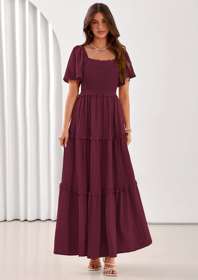 PRETTYGARDEN Summer Dresses for Women Boho Swiss Dot Smocked Square Neck Short Sleeve Spring Wedding Guest Maxi Dress PRETTYGARDEN