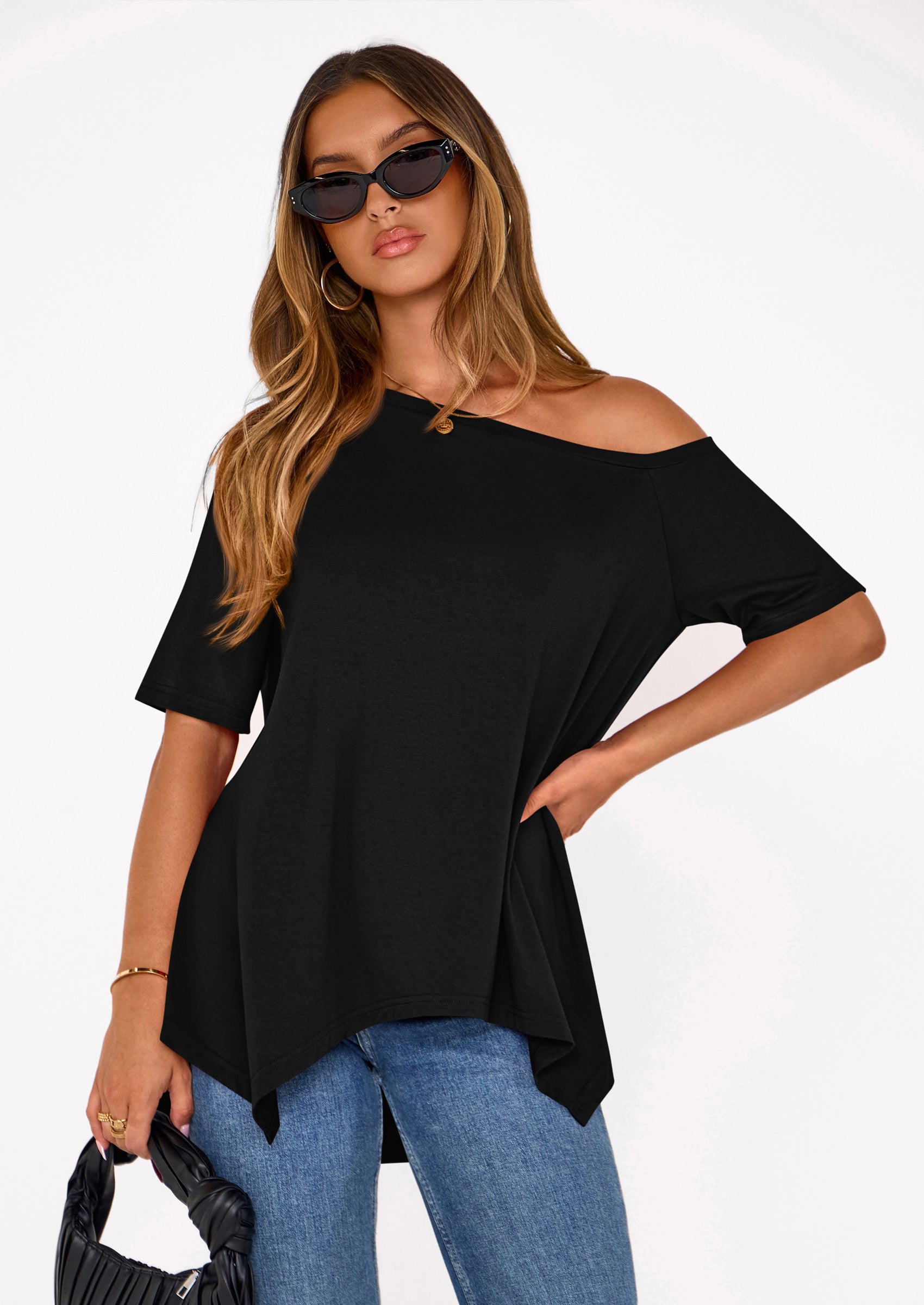 PRETTYGARDEN Off The Shoulder Tops for Women Summer Short Sleeve Asymmetrical Oversized Tee Shirts Casual Spring Clothes PRETTYGARDEN