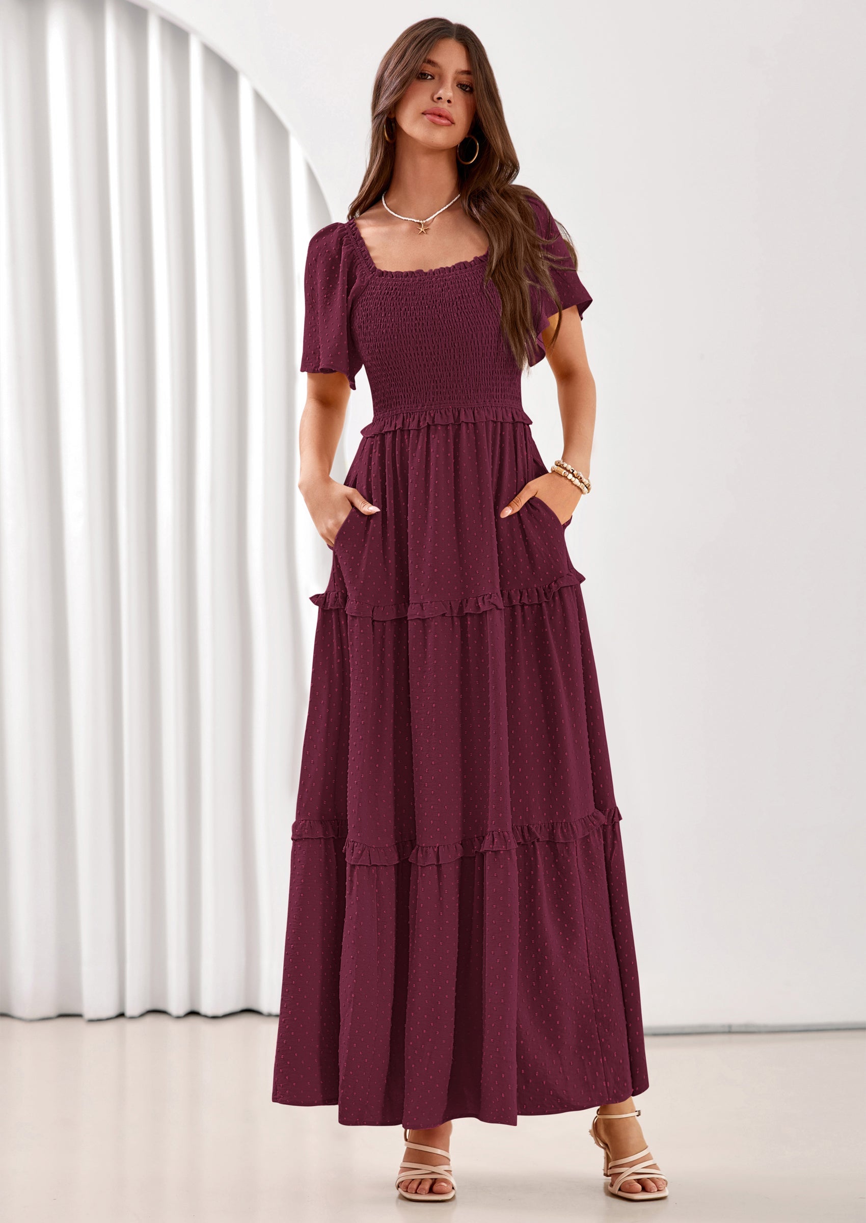 PRETTYGARDEN Summer Dresses for Women Boho Swiss Dot Smocked Square Neck Short Sleeve Spring Wedding Guest Maxi Dress PRETTYGARDEN