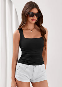 PRETTYGARDEN Tank Top for Women Summer Sleeveless Square Neck Double Lined Ruched Crop Tops Spring Going Out Y2k Clothes PRETTYGARDEN