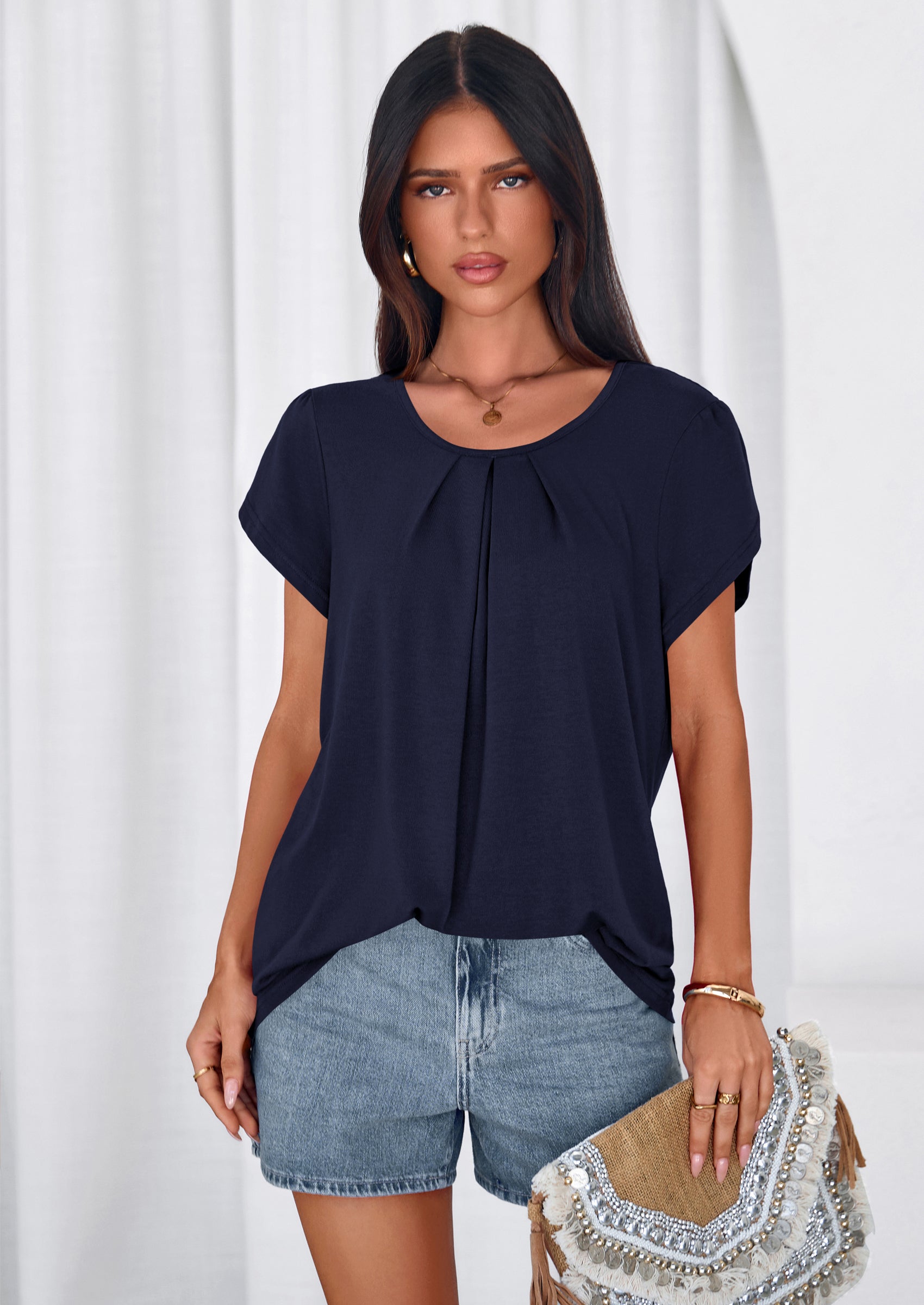 PRETTYGARDEN Summer Tops for Women Short Sleeve Crew Neck Pleated T Shirts Dressy Casual Blouses Spring Fashion Clothes PRETTYGARDEN