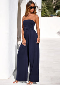 PRETTYGARDEN Womens Trendy Strapless Rompers Ruched Tube Top Wide Leg One Piece Jumpsuits Beach Vacation Summer Outfits PRETTYGARDEN