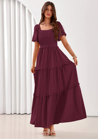 PRETTYGARDEN Summer Dresses for Women Boho Swiss Dot Smocked Square Neck Short Sleeve Spring Wedding Guest Maxi Dress PRETTYGARDEN