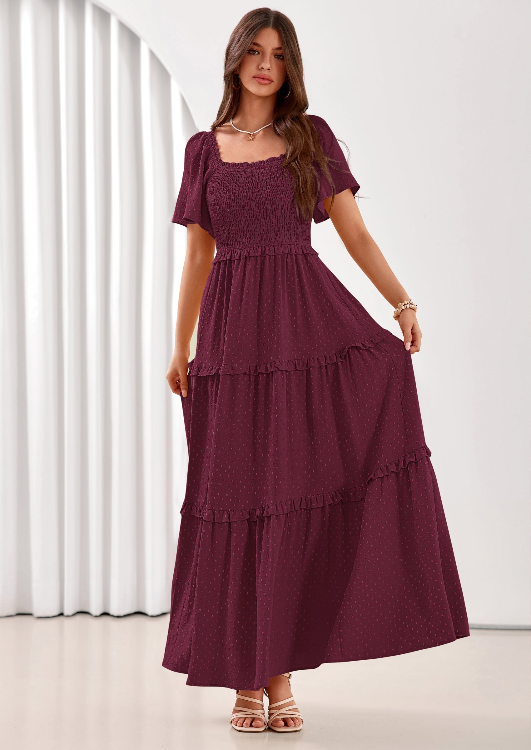 PRETTYGARDEN Summer Dresses for Women Boho Swiss Dot Smocked Square Neck Short Sleeve Spring Wedding Guest Maxi Dress PRETTYGARDEN