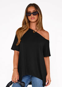 PRETTYGARDEN Off The Shoulder Tops for Women Summer Short Sleeve Asymmetrical Oversized Tee Shirts Casual Spring Clothes PRETTYGARDEN