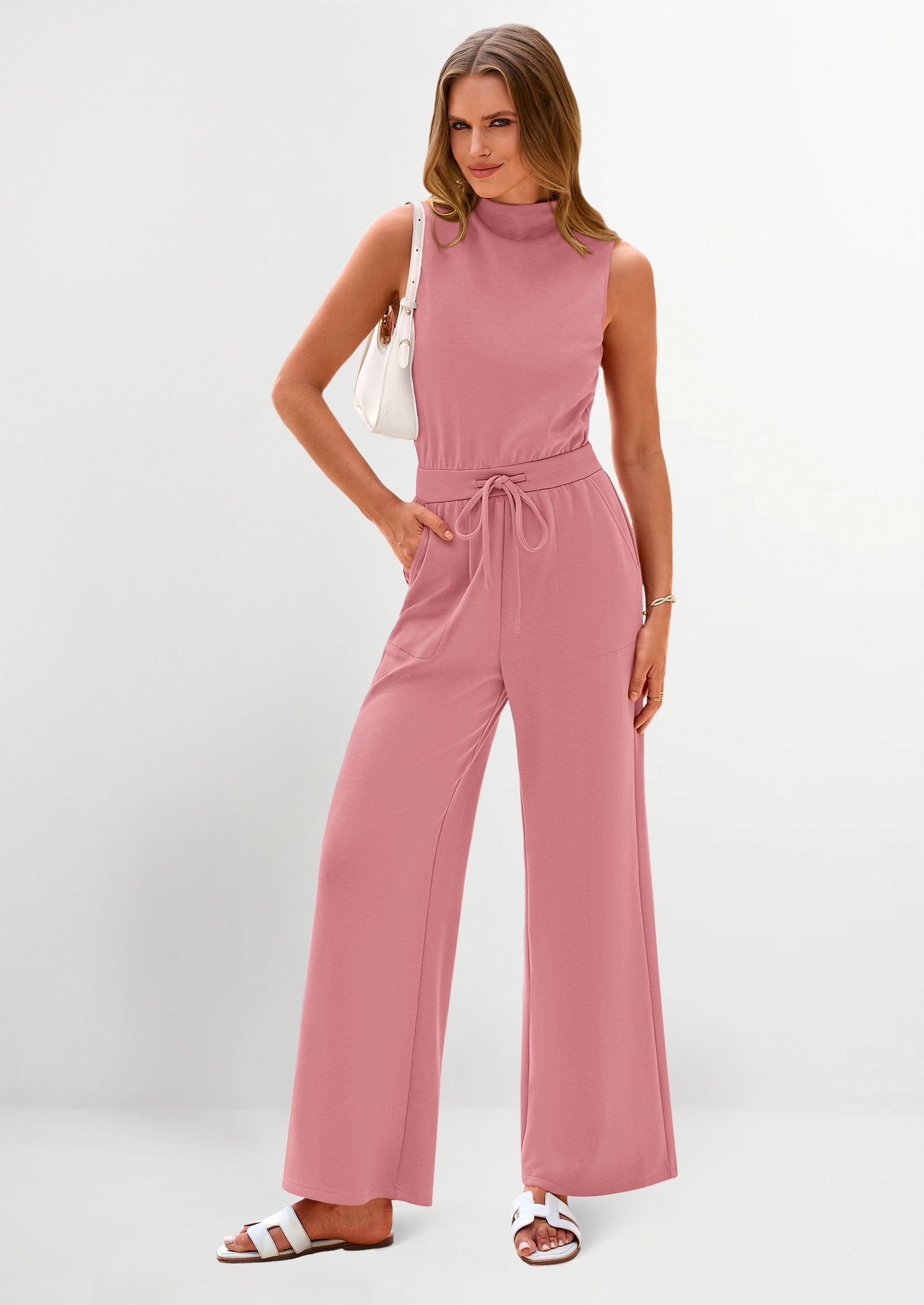 PRETTYGARDEN Jumpsuits Dressy Outfits Casual Sleeveless Mock Neck Wide Leg Pants Rompers