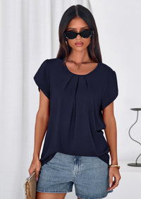 PRETTYGARDEN Summer Tops for Women Short Sleeve Crew Neck Pleated T Shirts Dressy Casual Blouses Spring Fashion Clothes PRETTYGARDEN