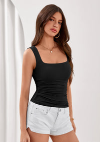 PRETTYGARDEN Tank Top for Women Summer Sleeveless Square Neck Double Lined Ruched Crop Tops Spring Going Out Y2k Clothes PRETTYGARDEN