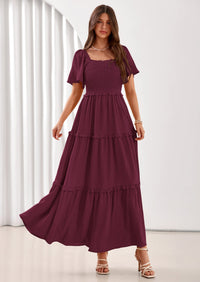 PRETTYGARDEN Summer Dresses for Women Boho Swiss Dot Smocked Square Neck Short Sleeve Spring Wedding Guest Maxi Dress PRETTYGARDEN