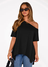 PRETTYGARDEN Off The Shoulder Tops for Women Summer Short Sleeve Asymmetrical Oversized Tee Shirts Casual Spring Clothes PRETTYGARDEN