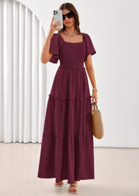 PRETTYGARDEN Summer Dresses for Women Boho Swiss Dot Smocked Square Neck Short Sleeve Spring Wedding Guest Maxi Dress PRETTYGARDEN