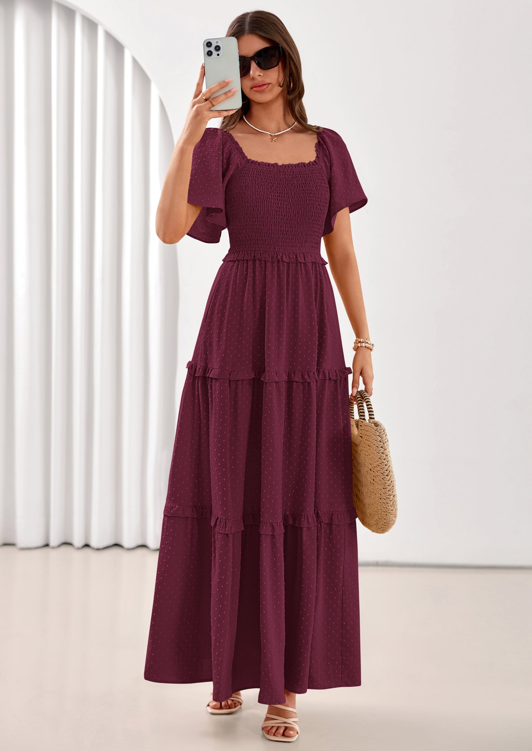 PRETTYGARDEN Summer Dresses for Women Boho Swiss Dot Smocked Square Neck Short Sleeve Spring Wedding Guest Maxi Dress PRETTYGARDEN