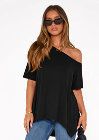 PRETTYGARDEN Off The Shoulder Tops for Women Summer Short Sleeve Asymmetrical Oversized Tee Shirts Casual Spring Clothes PRETTYGARDEN