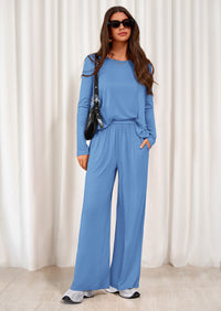 PRETTYGARDEN Women's 2 Piece Fall Sets  Casual Long Sleeve Shirts Wide Leg Pants Lounge Travel Outfits Fashion Clothing