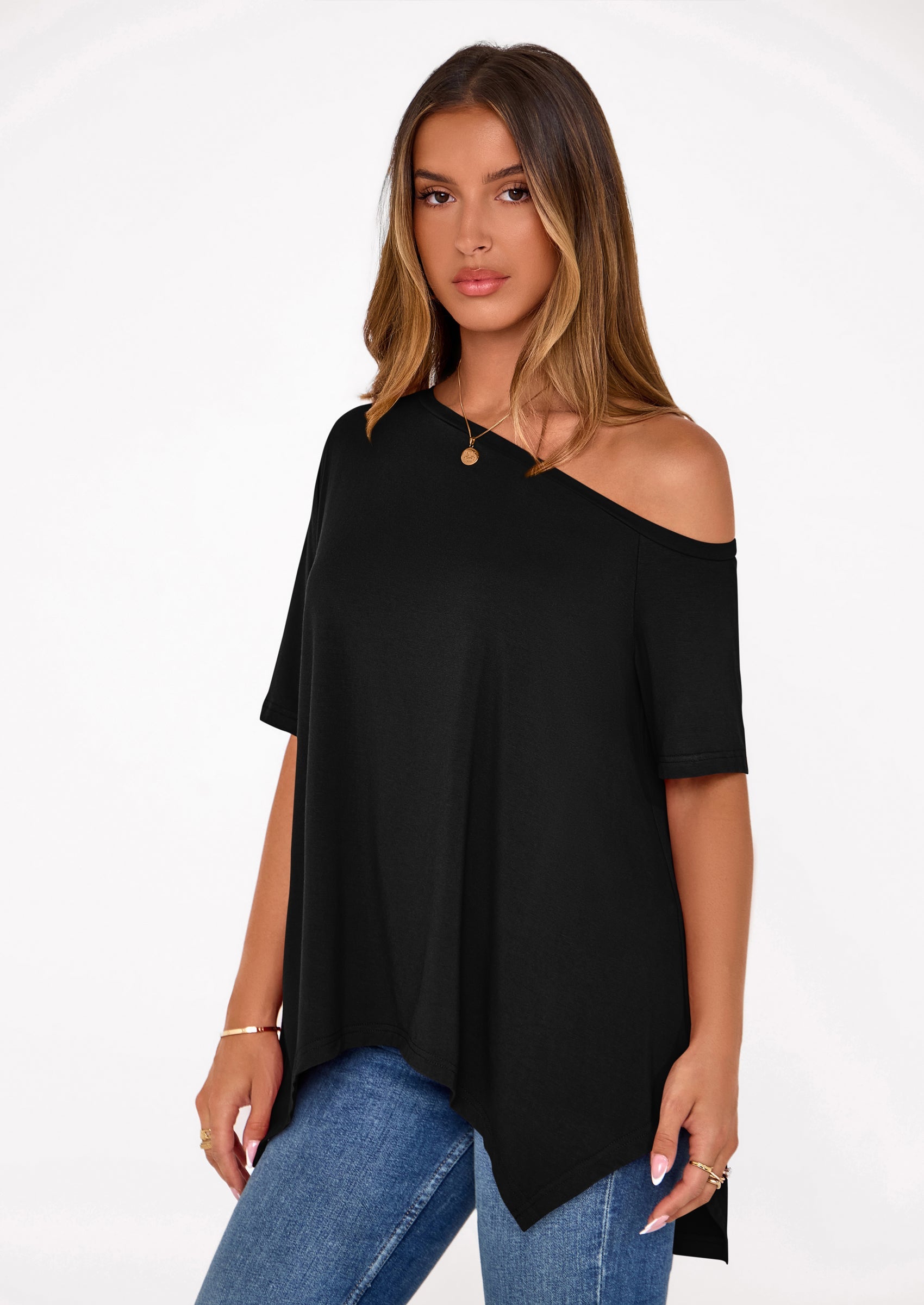 PRETTYGARDEN Off The Shoulder Tops for Women Summer Short Sleeve Asymmetrical Oversized Tee Shirts Casual Spring Clothes PRETTYGARDEN