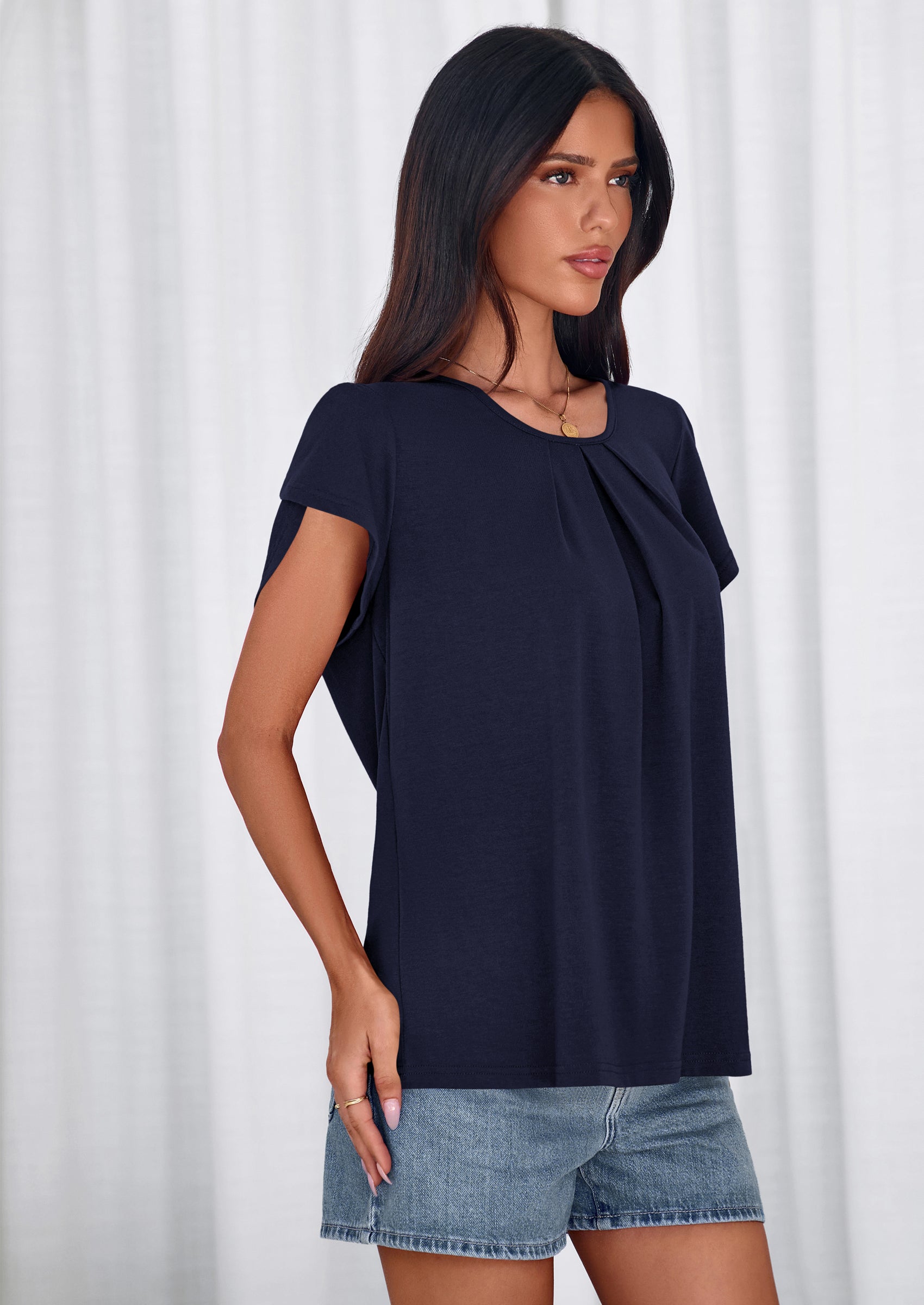 PRETTYGARDEN Summer Tops for Women Short Sleeve Crew Neck Pleated T Shirts Dressy Casual Blouses Spring Fashion Clothes PRETTYGARDEN