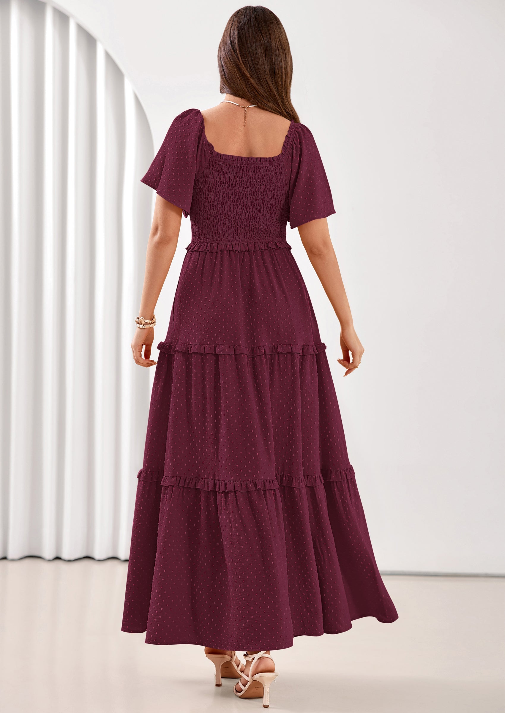 PRETTYGARDEN Summer Dresses for Women Boho Swiss Dot Smocked Square Neck Short Sleeve Spring Wedding Guest Maxi Dress PRETTYGARDEN