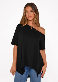 PRETTYGARDEN Off The Shoulder Tops for Women Summer Short Sleeve Asymmetrical Oversized Tee Shirts Casual Spring Clothes PRETTYGARDEN