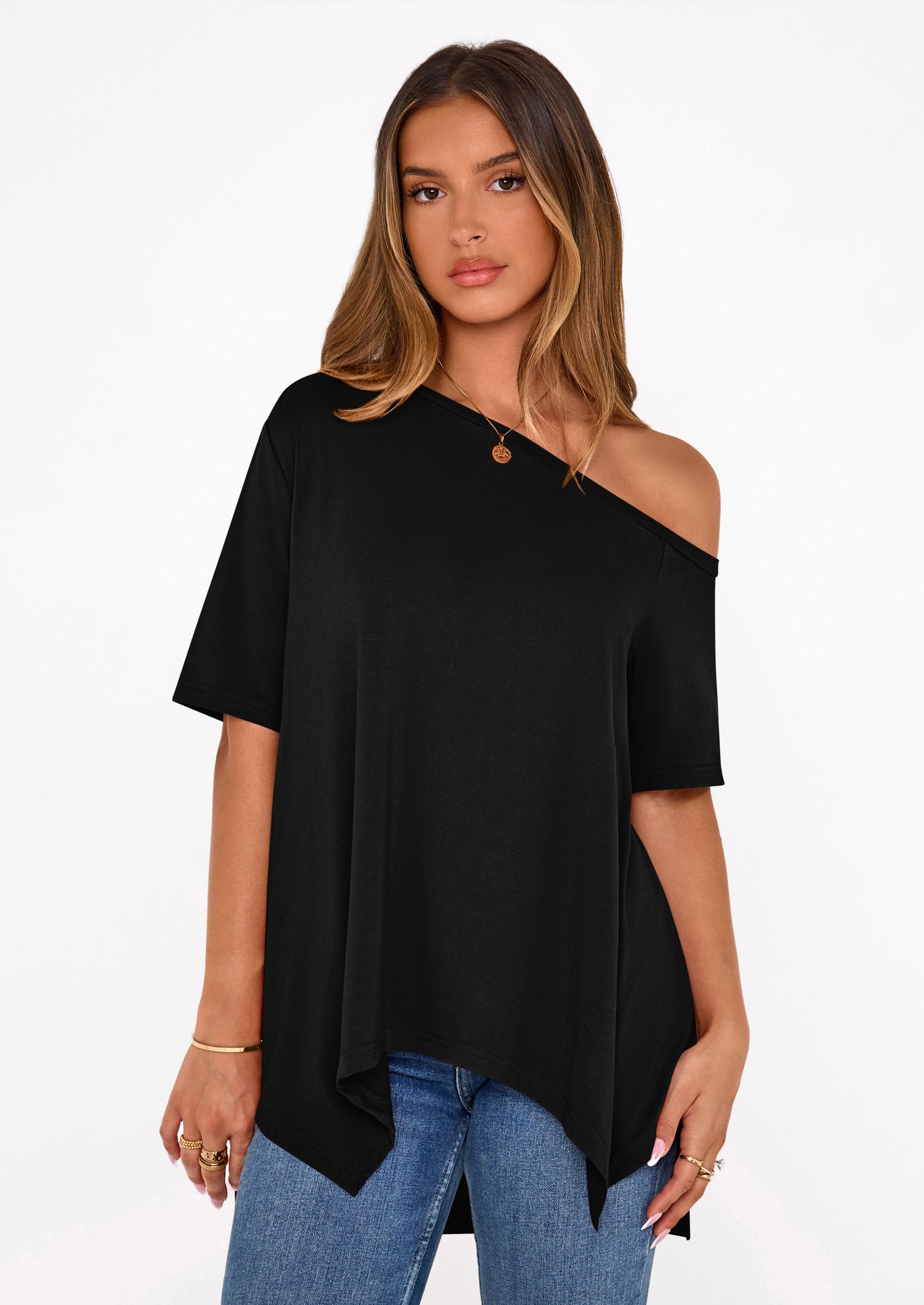 PRETTYGARDEN Off The Shoulder Tops for Women Summer Short Sleeve Asymmetrical Oversized Tee Shirts Casual Spring Clothes PRETTYGARDEN