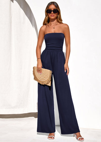 PRETTYGARDEN Womens Trendy Strapless Rompers Ruched Tube Top Wide Leg One Piece Jumpsuits Beach Vacation Summer Outfits PRETTYGARDEN