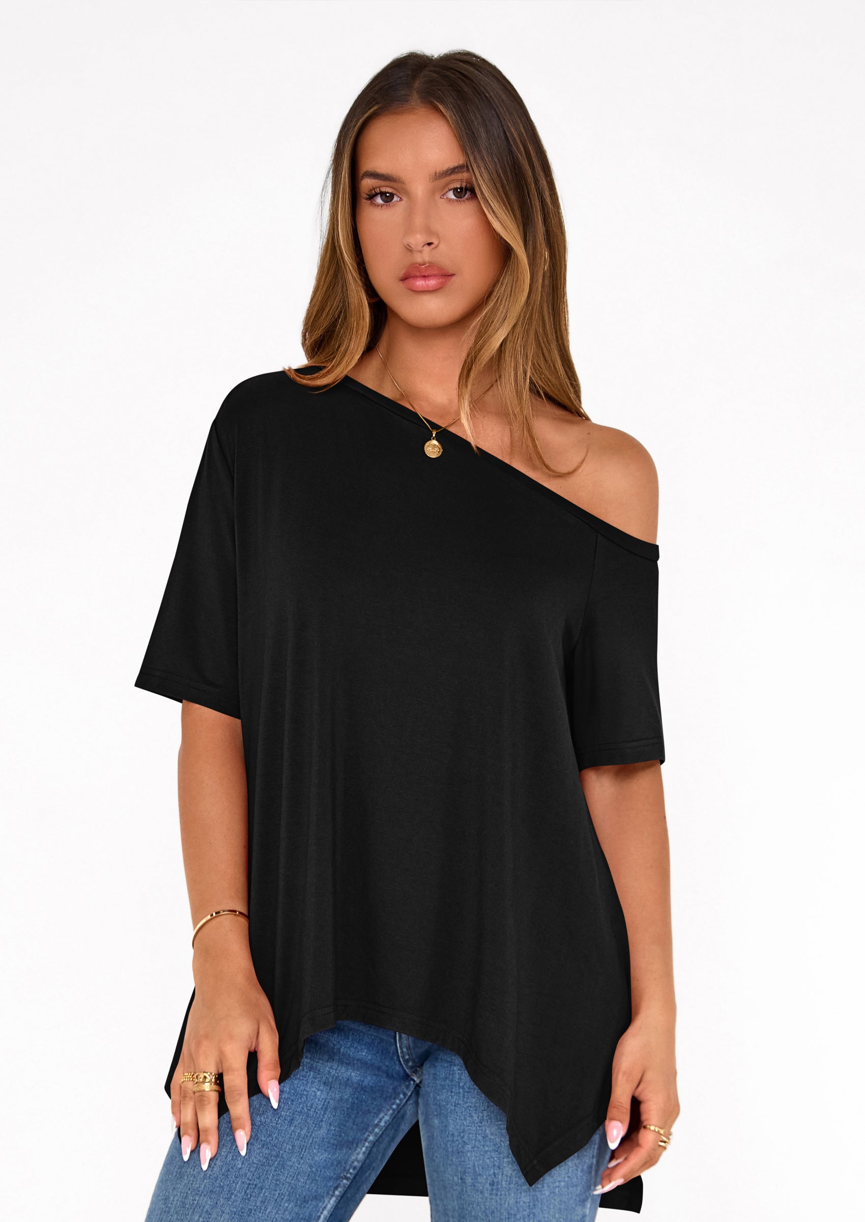 PRETTYGARDEN Off The Shoulder Tops for Women Summer Short Sleeve Asymmetrical Oversized Tee Shirts Casual Spring Clothes PRETTYGARDEN