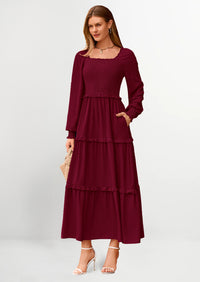 PRETTYGARDEN Women Fall Long Sleeve Smocked Maxi Dress Casual Square Neck Swiss Dot Tiered Ruffle Flowy Spring Pocket Dresses