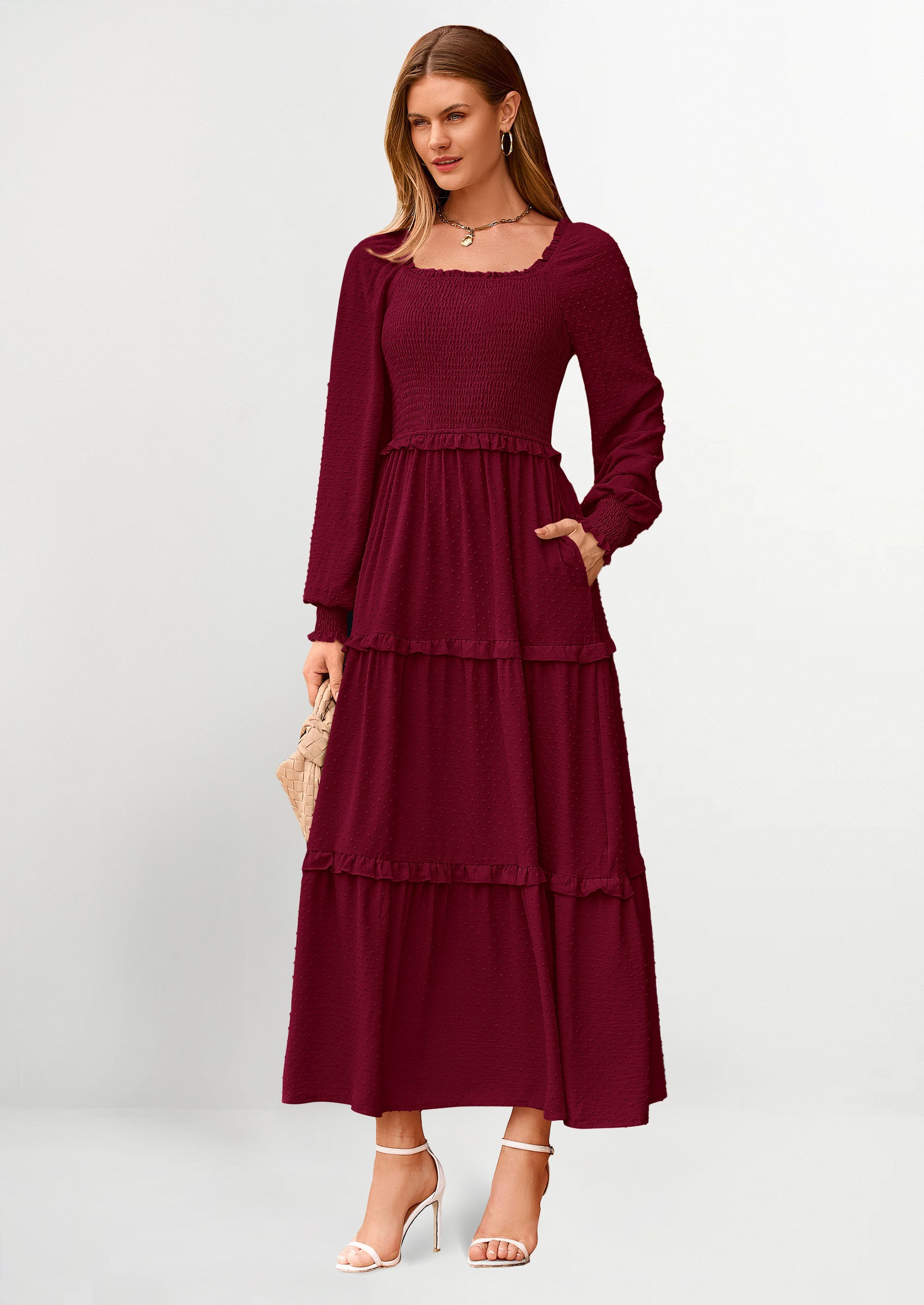 PRETTYGARDEN Women Fall Long Sleeve Smocked Maxi Dress Casual Square Neck Swiss Dot Tiered Ruffle Flowy Spring Pocket Dresses