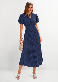 PRETTYGARDEN Womens Midi Dresses Puff Short Sleeve V Neck Swiss Dot Pleated A Line Flowy Long Wedding Guest Dress