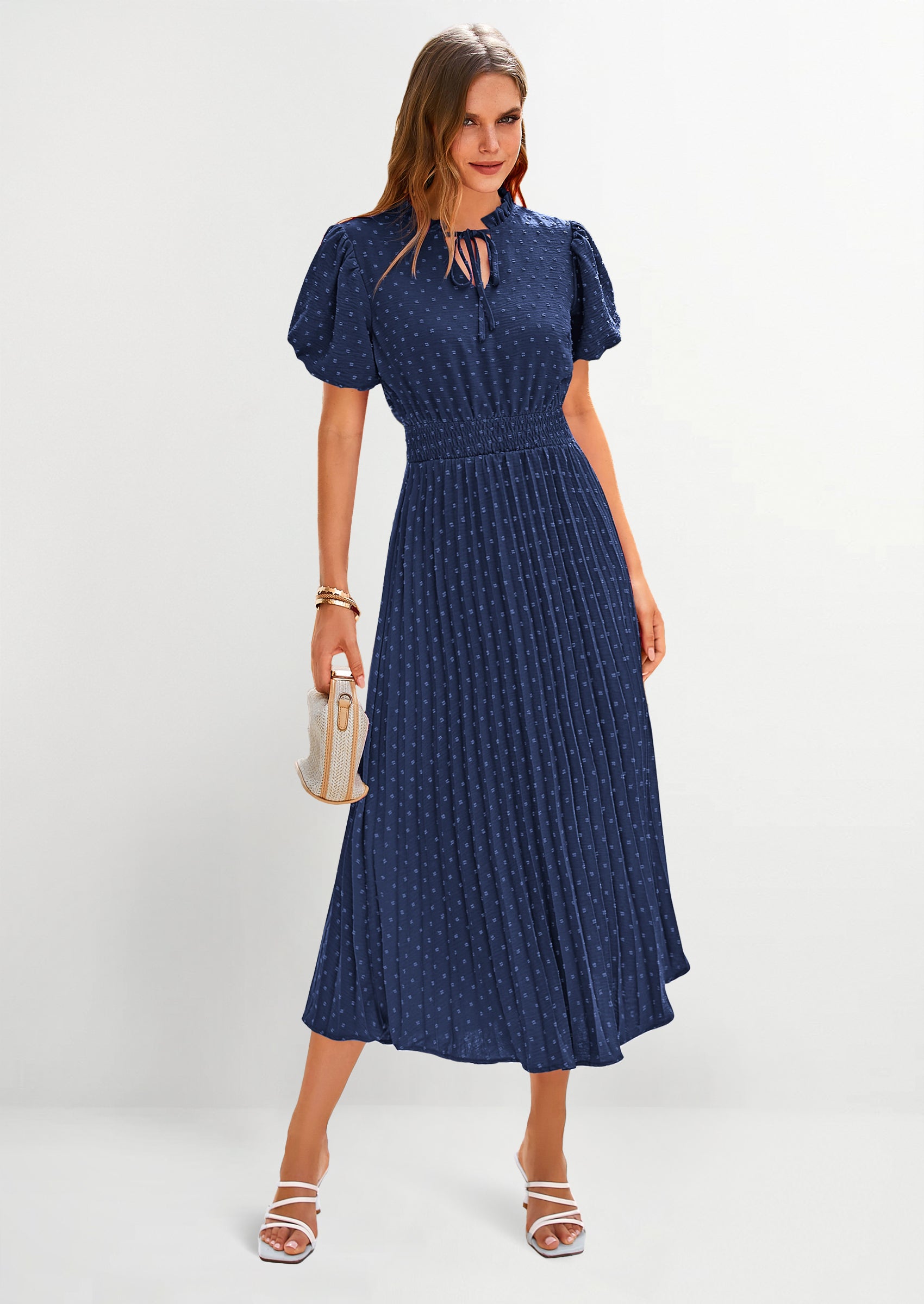 PRETTYGARDEN Womens Midi Dresses Puff Short Sleeve V Neck Swiss Dot Pleated A Line Flowy Long Wedding Guest Dress