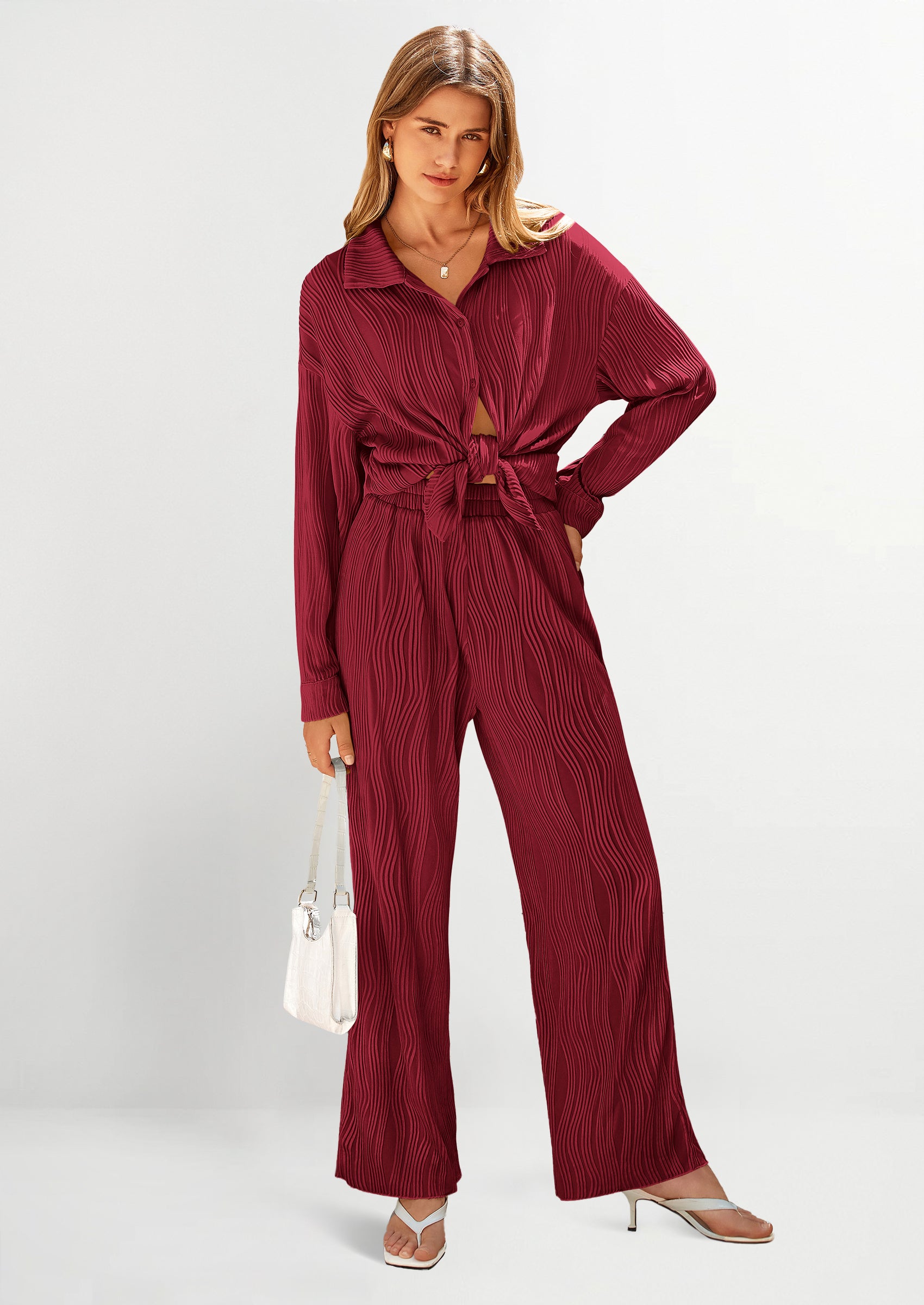 PRETTYGARDEN 2 Piece Textured Sets Casual Button Down Shirt Wide Leg Pants Outfit Loungewear Tracksuit