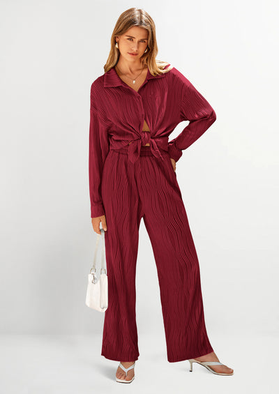 PRETTYGARDEN 2 Piece Textured Sets Casual Button Down Shirt Wide Leg Pants Outfit Loungewear Tracksuit