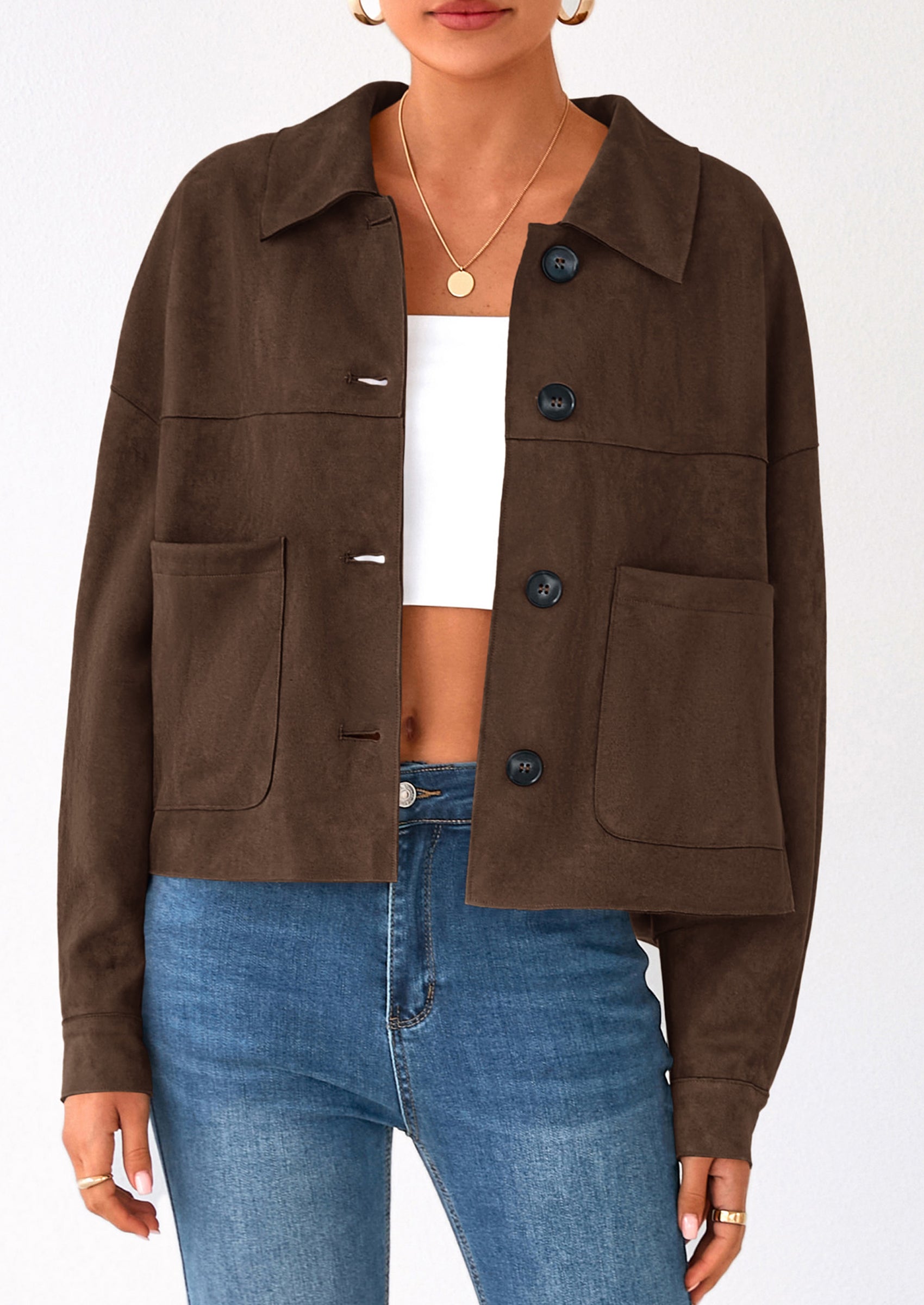 PRETTYGARDEN Women's Faux Suede Cropped Jacket Casual Lightweight Fall Fashion Winter Coats Outerwear Trendy Clothes