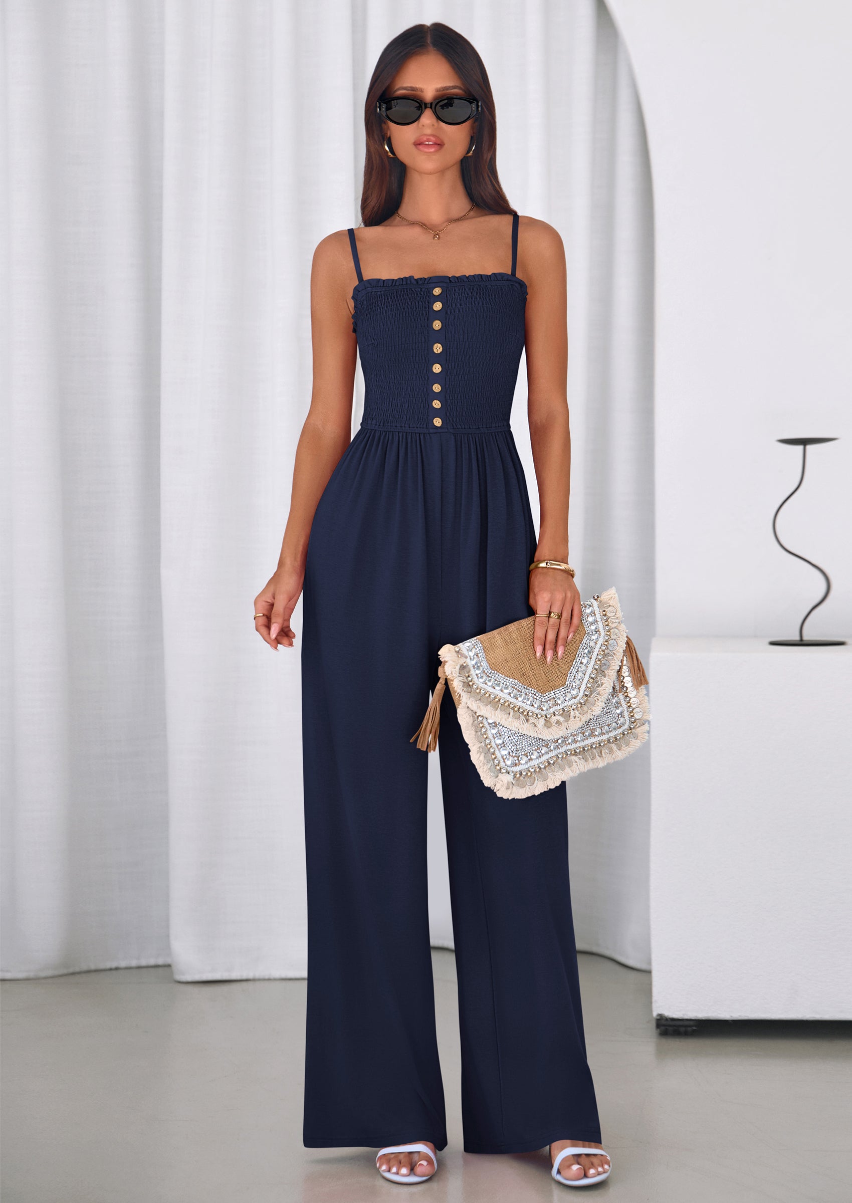 PRETTYGARDEN Jumpsuits for Women Summer Sleeveless Smocked Button Wide Leg Rompers Spring Travel One Piece Outfits PRETTYGARDEN