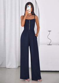 PRETTYGARDEN Jumpsuits for Women Summer Sleeveless Smocked Button Wide Leg Rompers Spring Travel One Piece Outfits PRETTYGARDEN