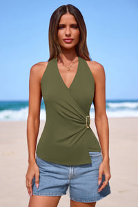 PRETTYGARDEN Womens Halter Top Spring Tie Wrap Sleeveless Ruched V Neck Fitted Summer Tops Backless Fashion Y2k Clothes PRETTYGARDEN