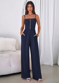 PRETTYGARDEN Jumpsuits for Women Summer Sleeveless Smocked Button Wide Leg Rompers Spring Travel One Piece Outfits PRETTYGARDEN