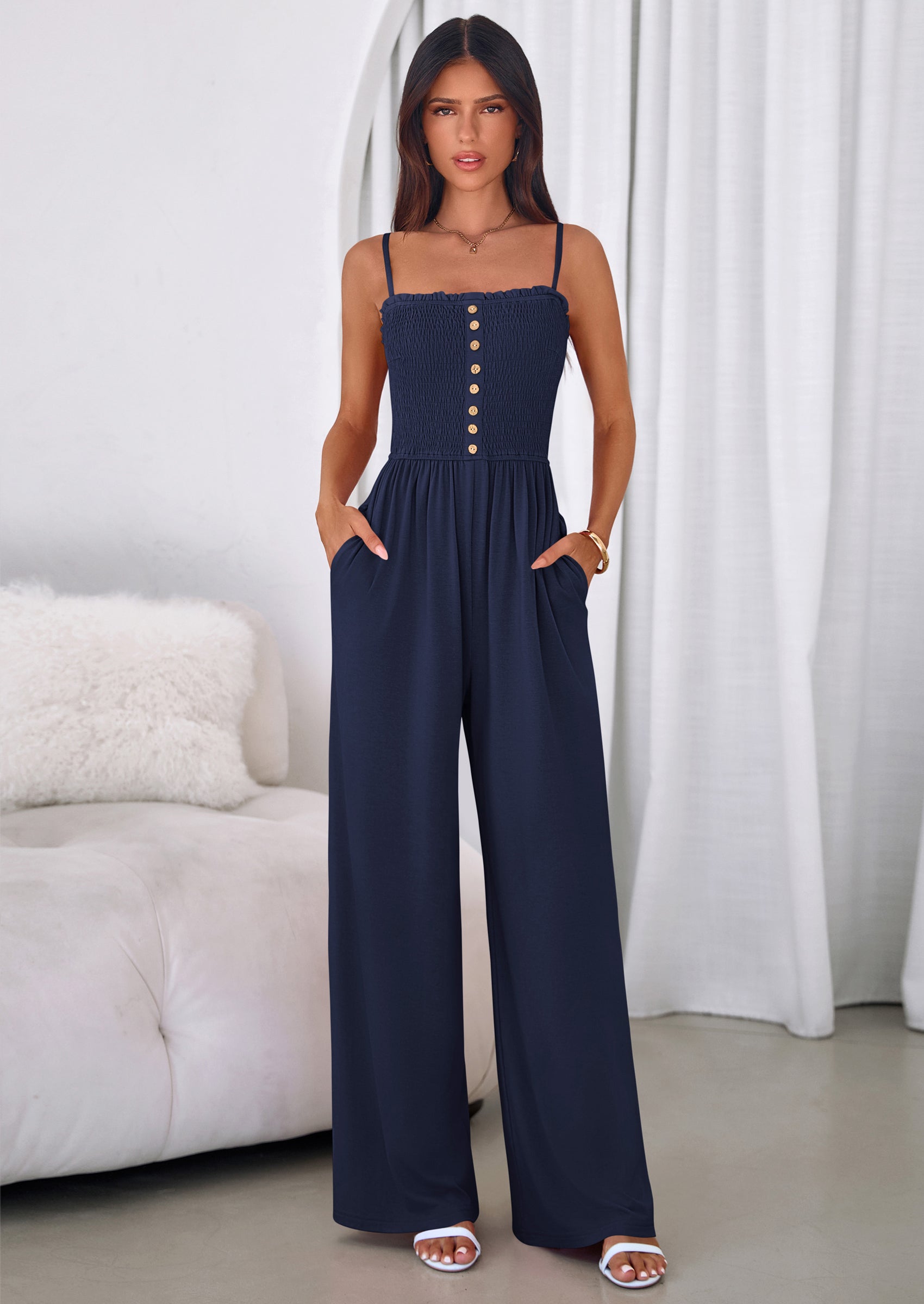 PRETTYGARDEN Jumpsuits for Women Summer Sleeveless Smocked Button Wide Leg Rompers Spring Travel One Piece Outfits PRETTYGARDEN