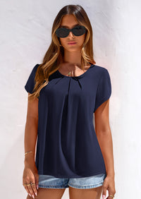 PRETTYGARDEN Summer Tops for Women Short Sleeve Crew Neck Pleated T Shirts Dressy Casual Blouses Spring Fashion Clothes PRETTYGARDEN