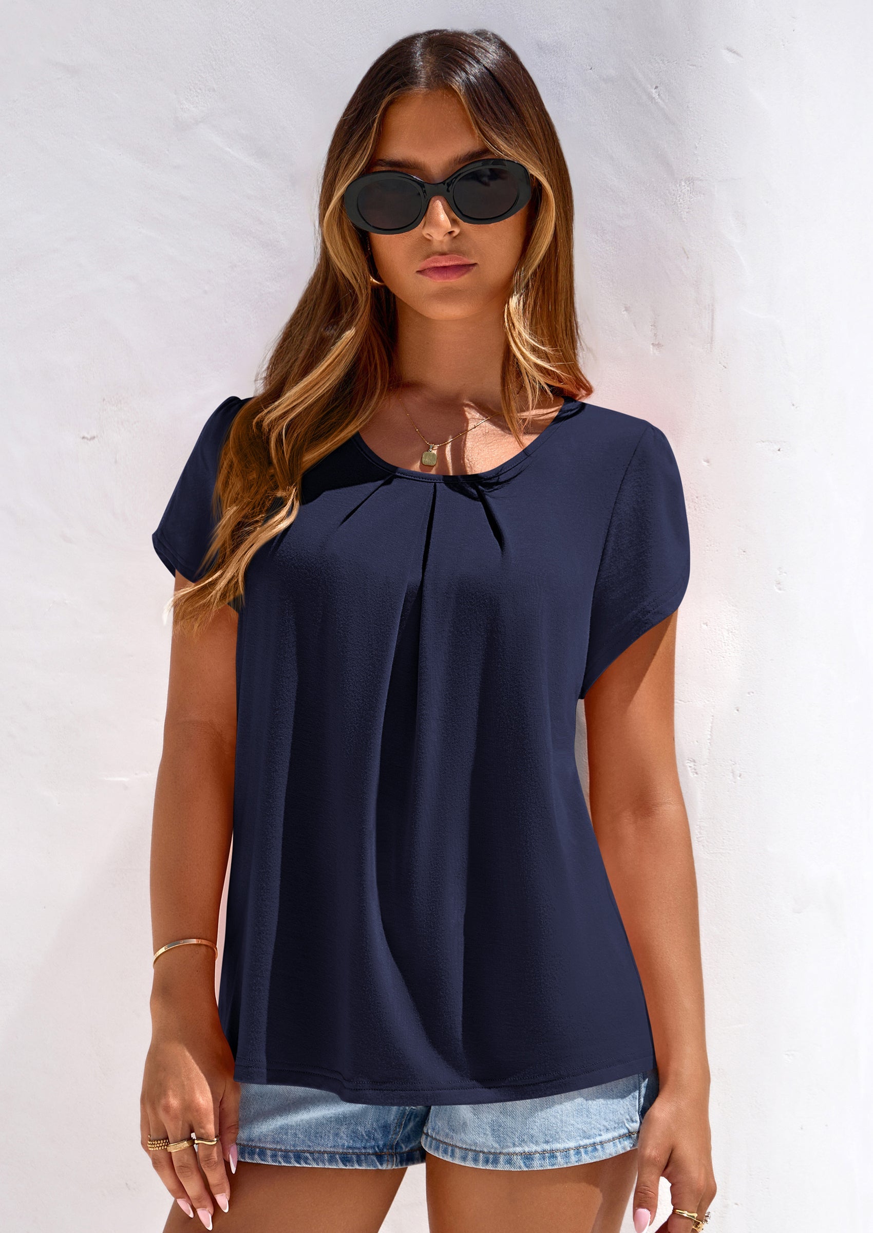 PRETTYGARDEN Summer Tops for Women Short Sleeve Crew Neck Pleated T Shirts Dressy Casual Blouses Spring Fashion Clothes PRETTYGARDEN