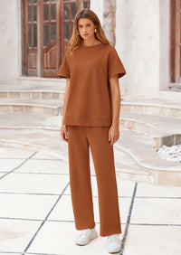 PRETTYGARDEN 2 Piece Outfits For Women Casual Tracksuit Short Sleeve Tops And Wide Leg Long Pants Matching Lounge Sets