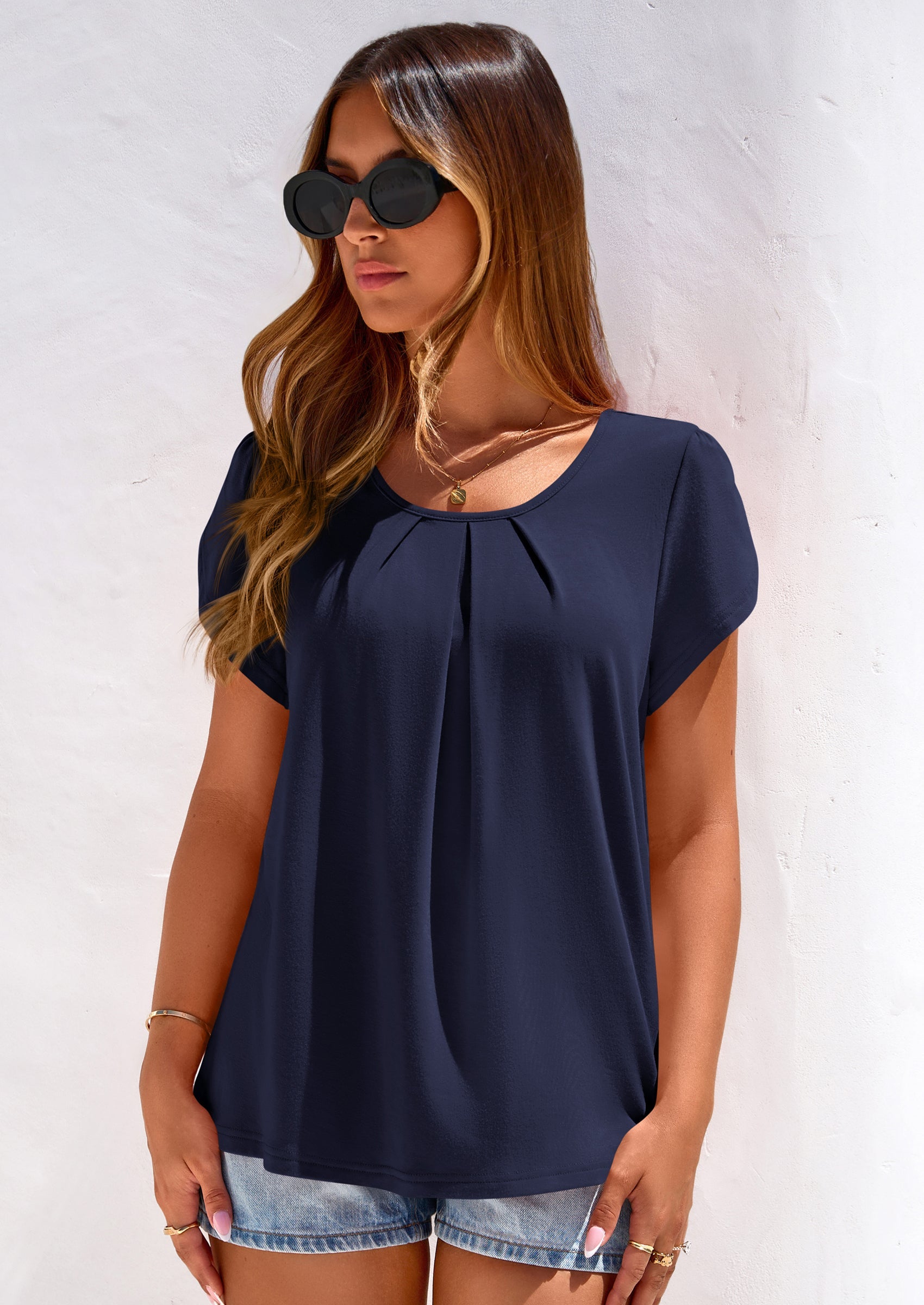 PRETTYGARDEN Summer Tops for Women Short Sleeve Crew Neck Pleated T Shirts Dressy Casual Blouses Spring Fashion Clothes PRETTYGARDEN