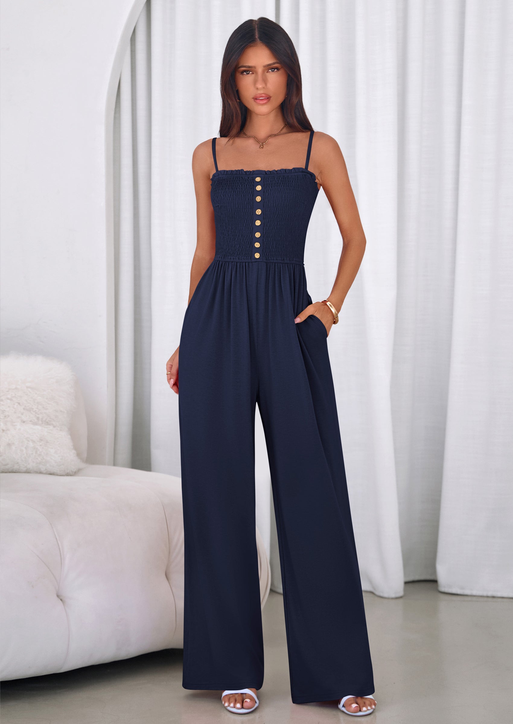 PRETTYGARDEN Jumpsuits for Women Summer Sleeveless Smocked Button Wide Leg Rompers Spring Travel One Piece Outfits PRETTYGARDEN