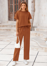 PRETTYGARDEN 2 Piece Outfits For Women Casual Tracksuit Short Sleeve Tops And Wide Leg Long Pants Matching Lounge Sets
