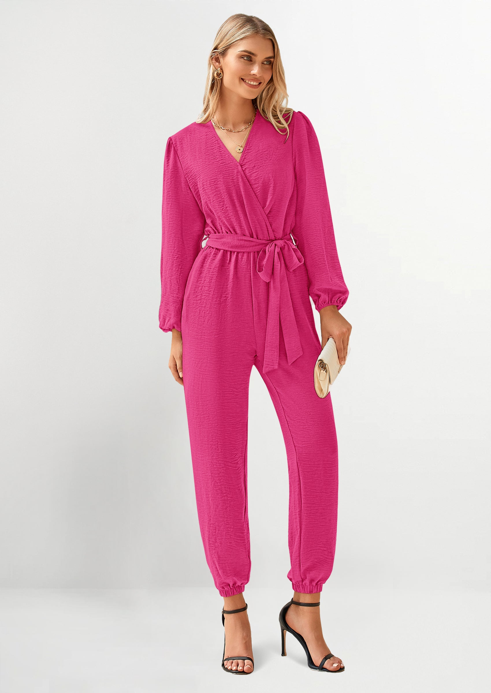 PRETTYGARDEN Women's Fall Jumpsuits Dressy Casual Pants Romper Spring Long Sleeve V Neck Belt Pockets One Piece Outfits