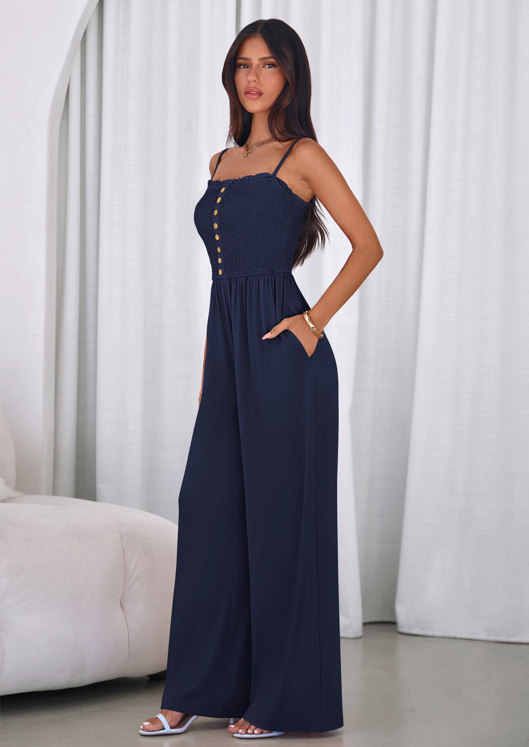 PRETTYGARDEN Jumpsuits for Women Summer Sleeveless Smocked Button Wide Leg Rompers Spring Travel One Piece Outfits PRETTYGARDEN