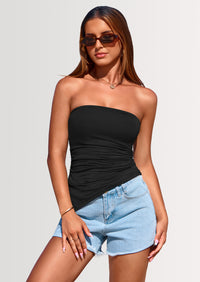 PRETTYGARDEN Womens Summer Tube Tops Trendy Strapless Ruched Going Out Tops Outfits Asymmetrical Bandeau Shirts