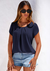 PRETTYGARDEN Summer Tops for Women Short Sleeve Crew Neck Pleated T Shirts Dressy Casual Blouses Spring Fashion Clothes PRETTYGARDEN