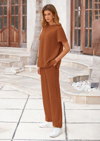 PRETTYGARDEN 2 Piece Outfits For Women Casual Tracksuit Short Sleeve Tops And Wide Leg Long Pants Matching Lounge Sets